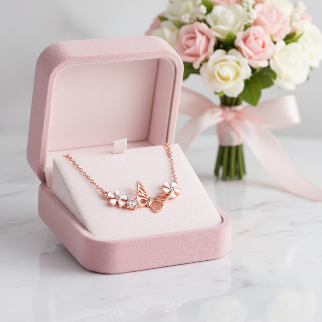 A delicate rose gold necklace with a butterfly and flower motifs displayed in an open pink jewelry box, with a soft pink rose bouquet in the background on a light marble surface.