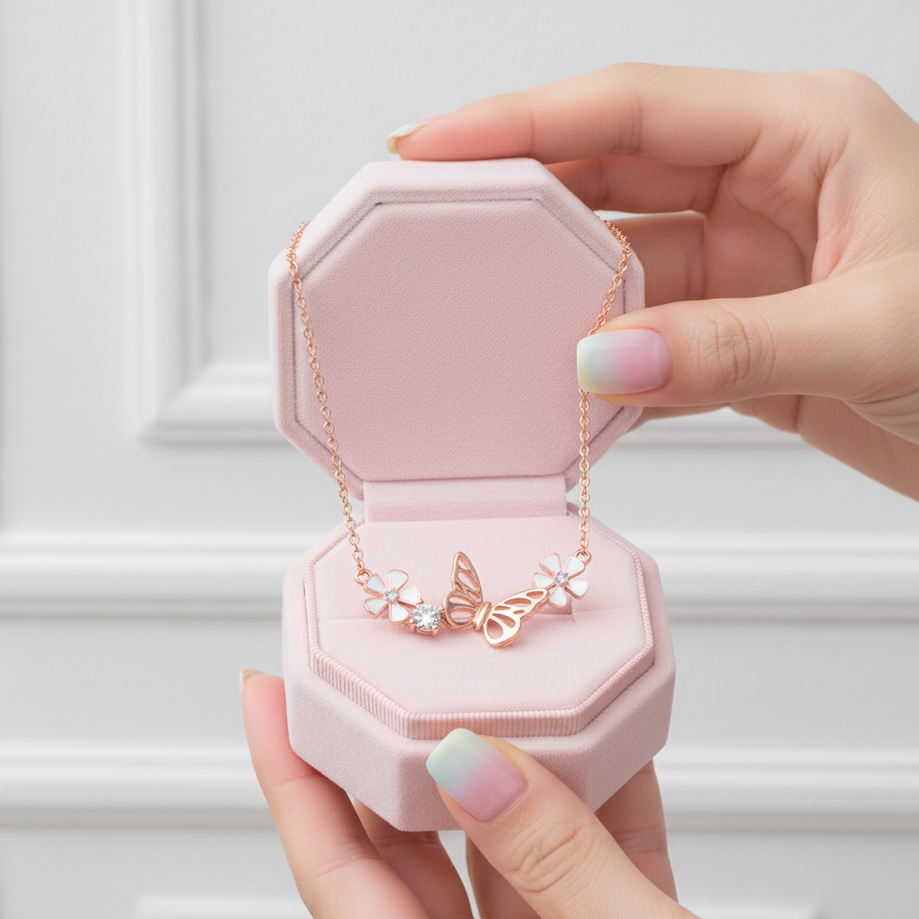 A delicate rose gold necklace with a butterfly and two small white flower charms is displayed inside an open pink octagonal jewelry box, held by hands with pastel gradient fingernails.