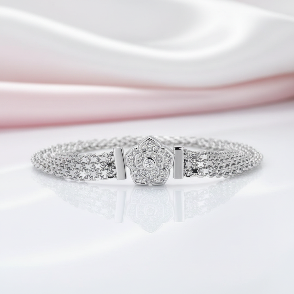 Rose Flower Flat Bracelet with Diamond Option-Black Diamonds New York