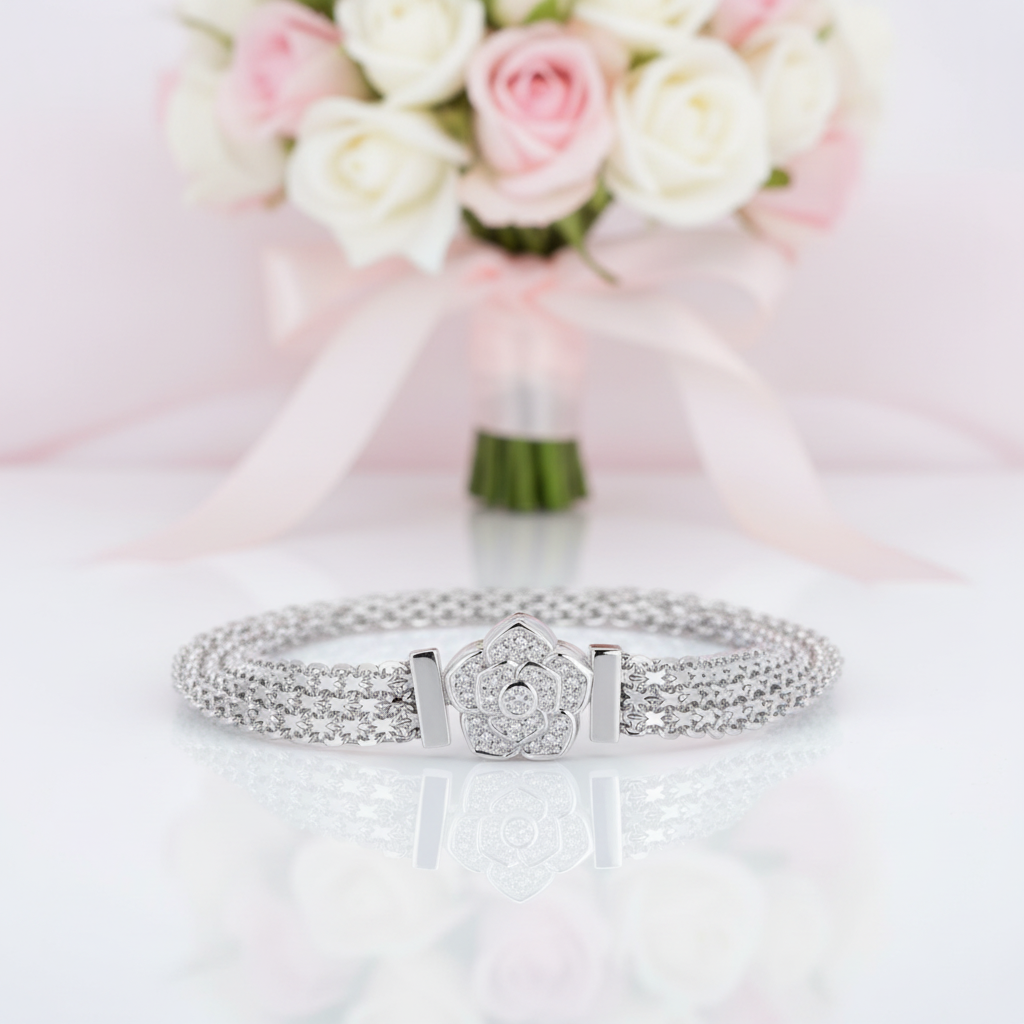 Rose Flower Flat Bracelet with Diamond-Black Diamonds New York