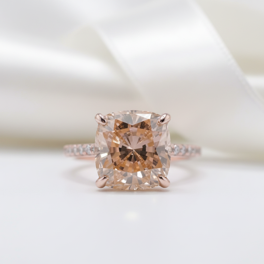 Rose Gold 3.5ct Champagne Stone Cushion Cut Engagement Ring-Black Diamonds New York