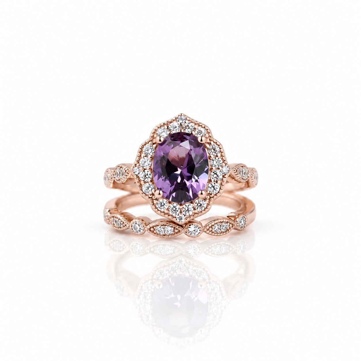 Rose Gold Amethyst Stone Halo Oval Cut Vintage Wedding Set-Black Diamonds New York