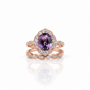 Rose Gold Amethyst Stone Halo Oval Cut Vintage Wedding Set-Black Diamonds New York