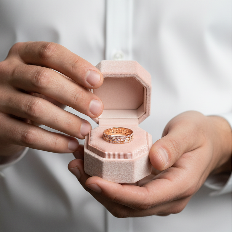 Rose Gold Art Deco 3PC Stackable Wedding Band Set-Black Diamonds New York