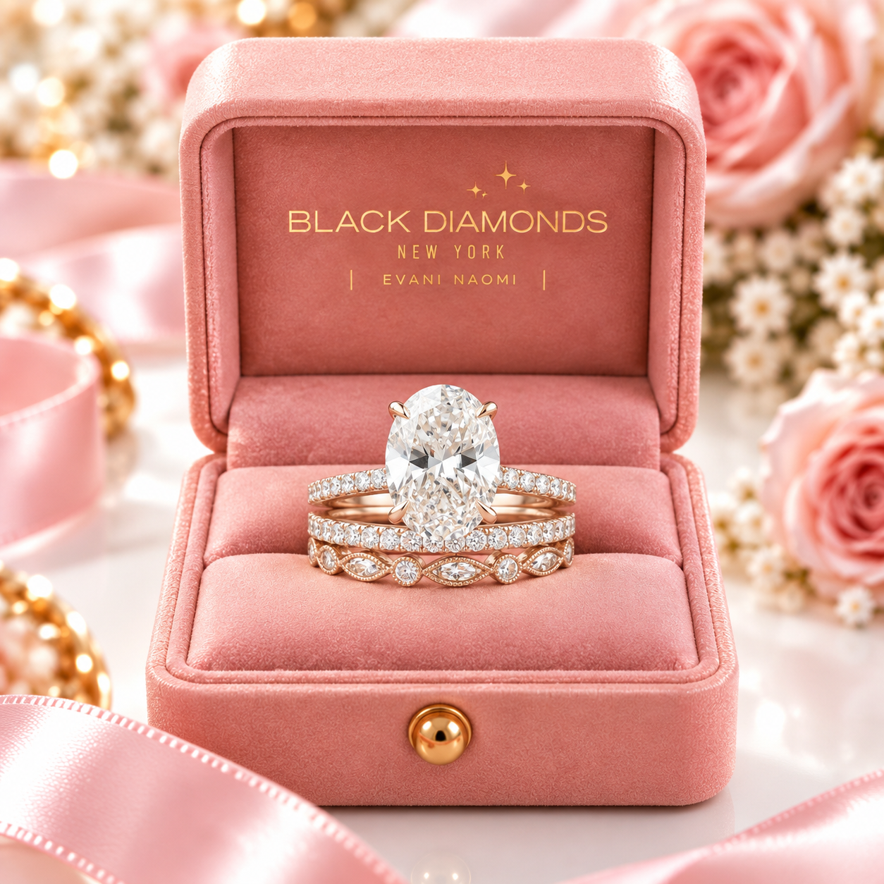 An open pink velvet jewelry box with the brand name 'BLACK DIAMONDS NEW YORK' printed inside, holding a rose gold ring set with a large oval center stone and matching marquise and round accent stones. The scene is styled with pink roses, soft pink ribbons, and warm bokeh lights.