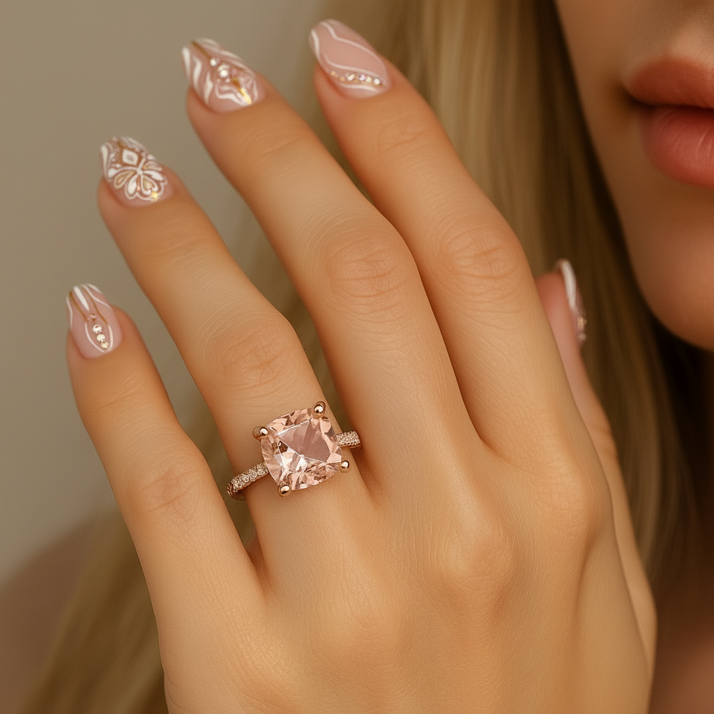 Rose Gold Cushion Cut Morganite Peachy Pink Stone Engagement Ring-Black Diamonds New York
