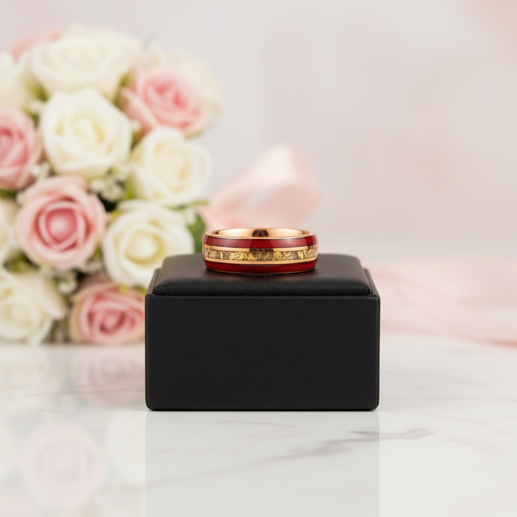 Rose Gold Men's Tungsten Wedding Band with Red Guitar String & Opal Inlay-Black Diamonds New York