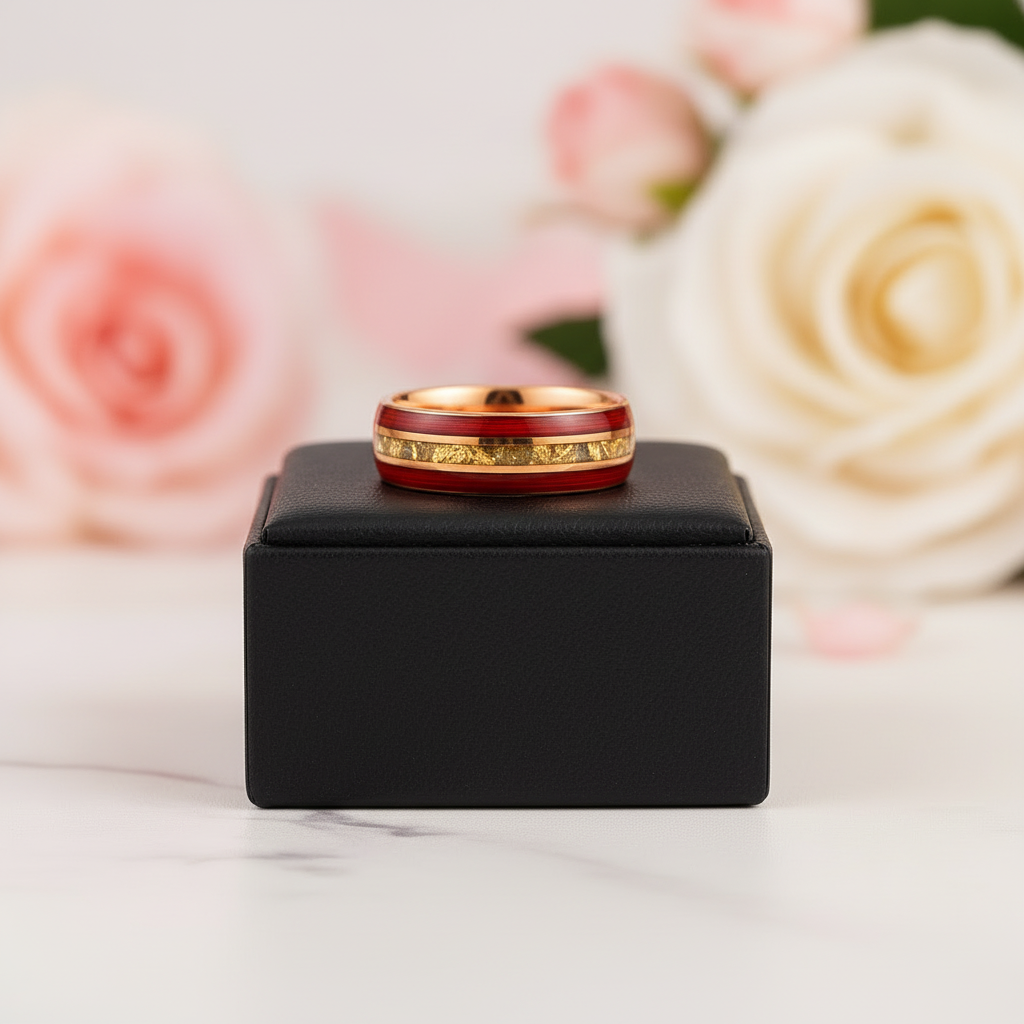 Rose Gold Men's Tungsten Wedding Band with Red Guitar String & Opal Inlay-Black Diamonds New York