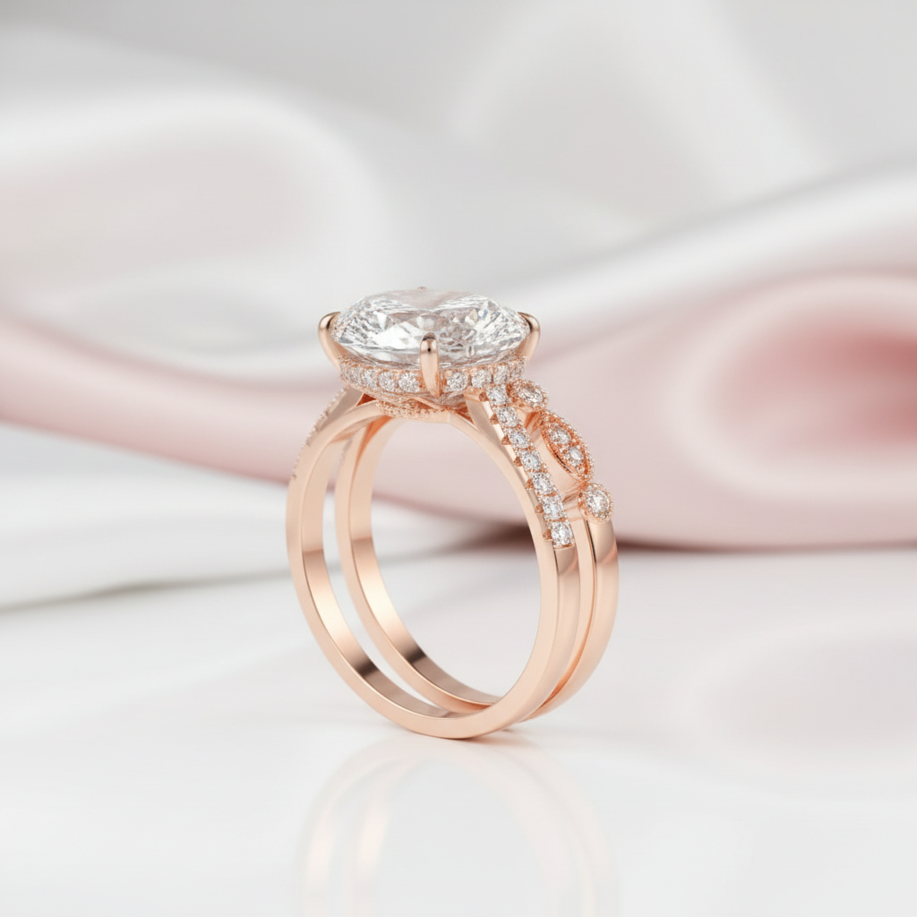 Rose Gold Oval Cut Sapphire Wedding Ring Set-Black Diamonds New York