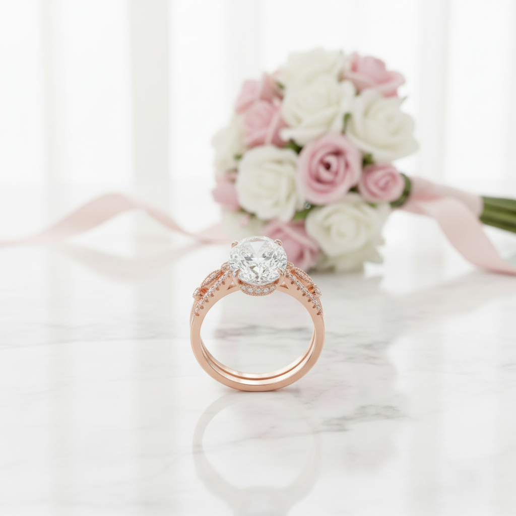 Rose Gold Oval Cut Sapphire Wedding Ring Set-Black Diamonds New York