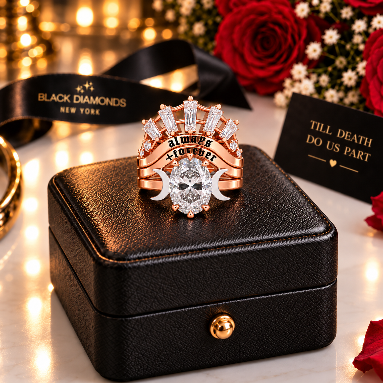 Always and Forever Promise Rings - Oval Cut Diamond Option Gothic Bridal Set in 14K Rose Gold-Black Diamonds New York