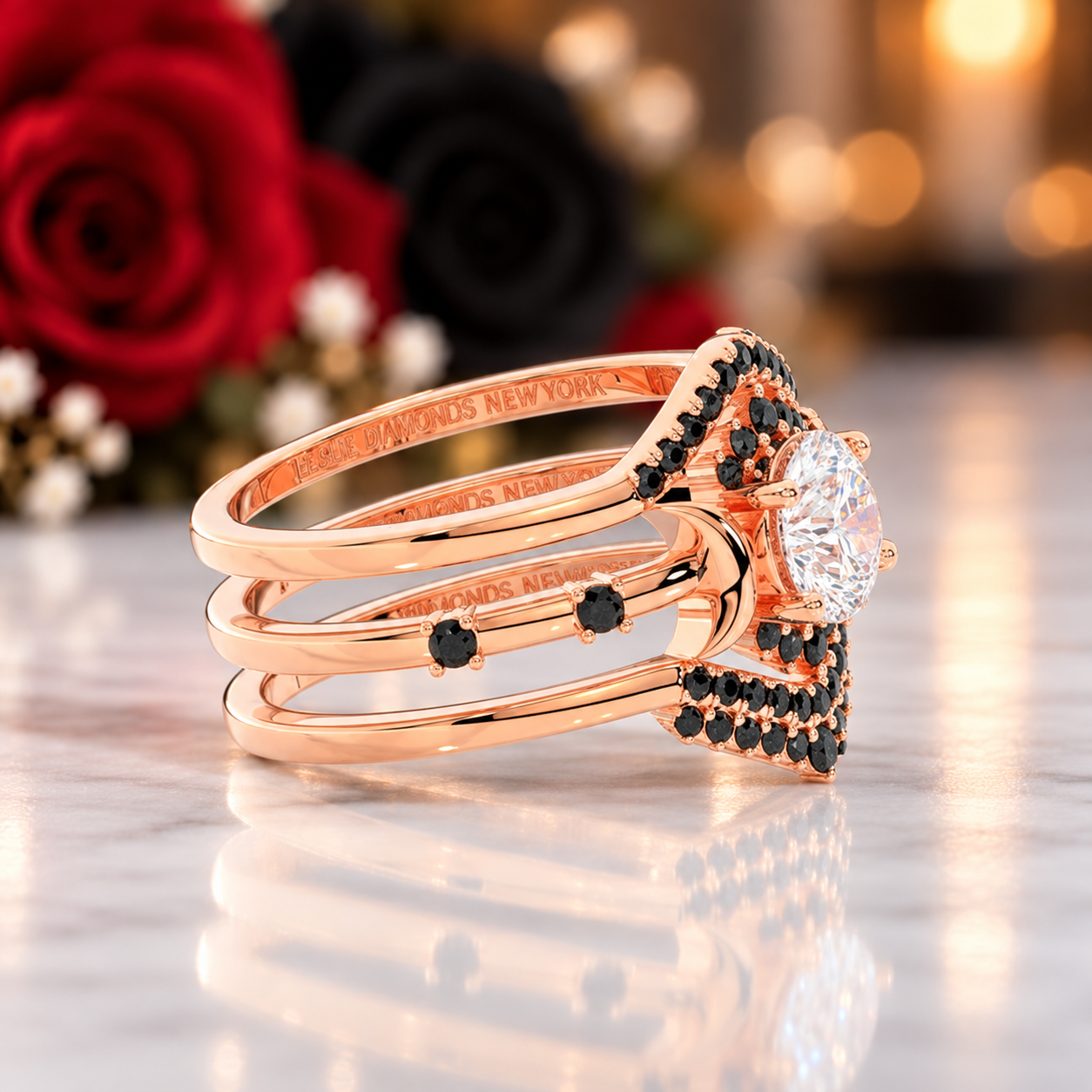 Full Moon- Radiant Celestial Moon Round Diamond Option Gothic Engagement Ring-Black Diamonds New York