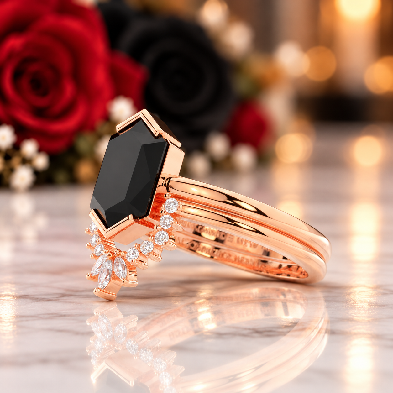 Sincerity - Hexagon Cut Diamond Option 14k Rose Gold Wedding Ring-Black Diamonds New York