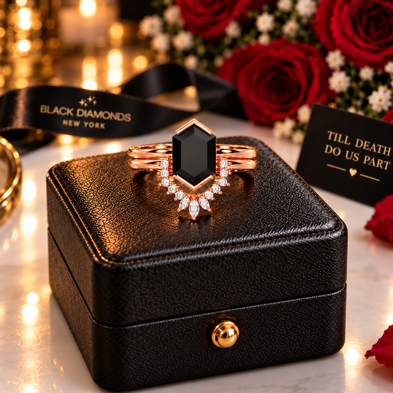 Sincerity - Hexagon Cut Diamond Option 14k Rose Gold Wedding Ring-Black Diamonds New York