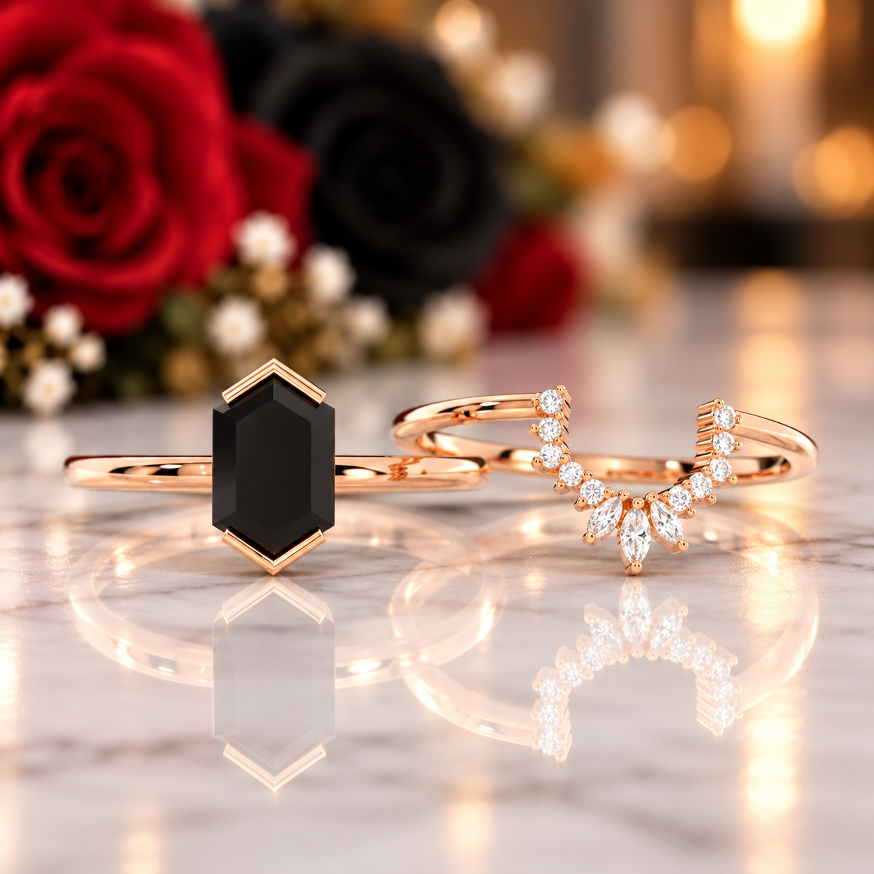 Sincerity - Hexagon Cut Diamond Option 14k Rose Gold Wedding Ring-Black Diamonds New York