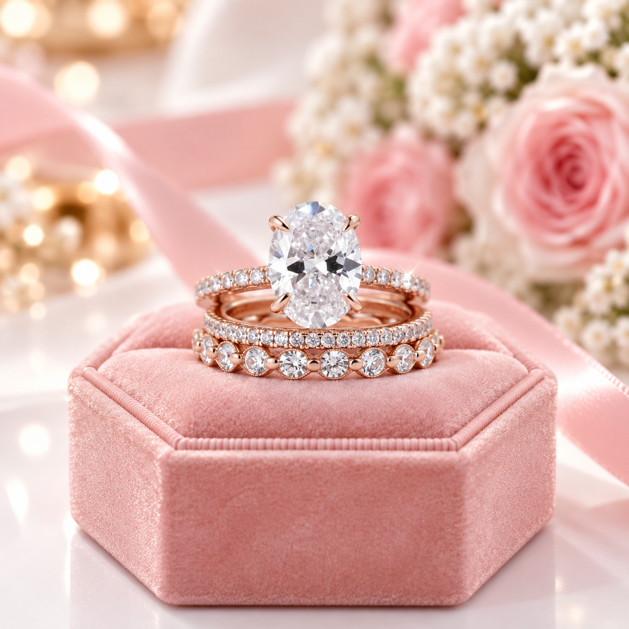 Rose Gold Oval Cut Simulated Diamond Option 3Pcs Wedding Ring Set-Black Diamonds New York
