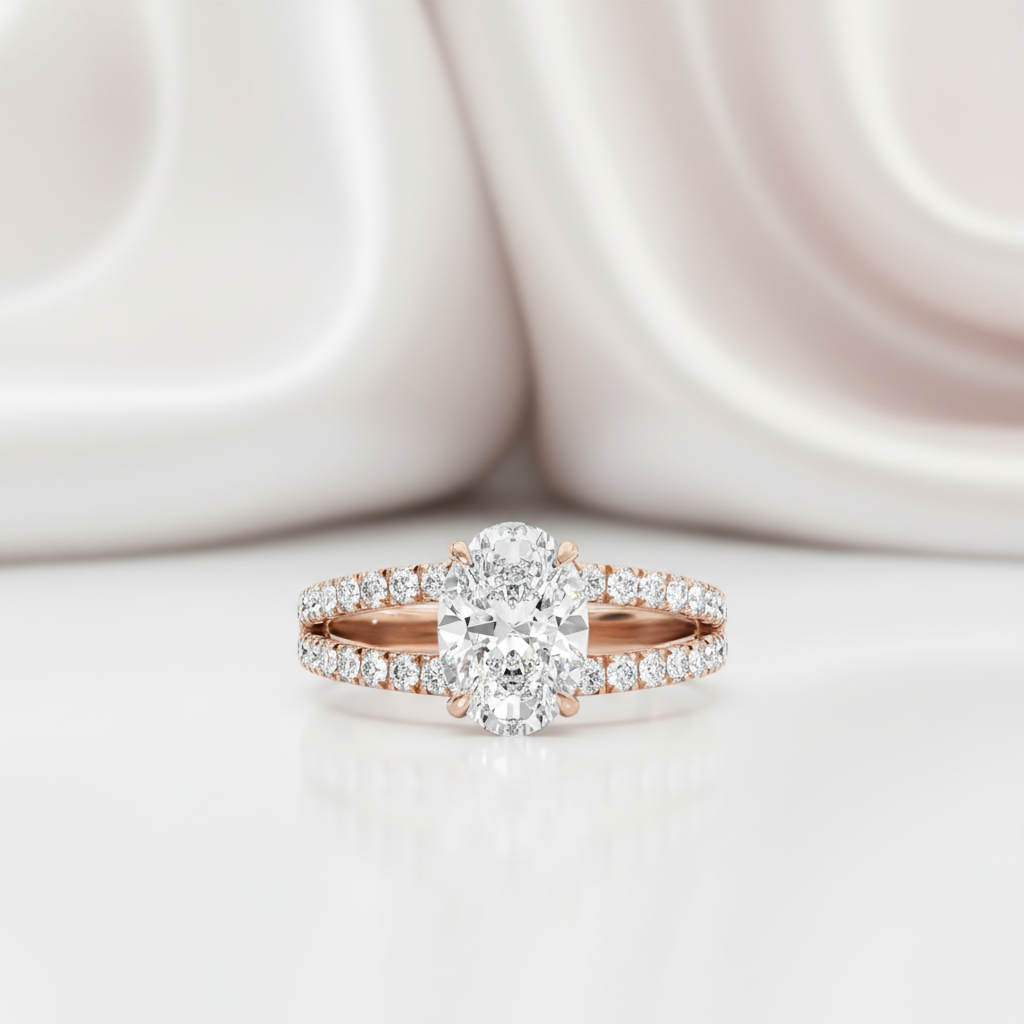 Rose Gold Split Shank Oval Cut Engagement Ring-Black Diamonds New York