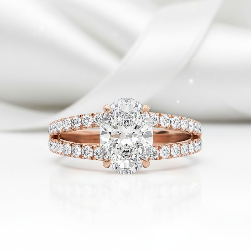 Rose Gold Split Shank Oval Cut Engagement Ring-Black Diamonds New York