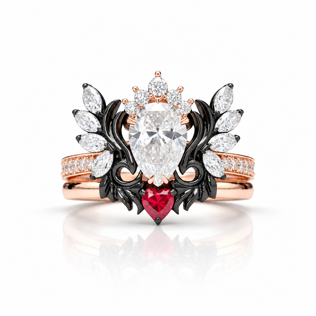 Angel's Wings- 14k White Gold Pear Cut and Red Heart Diamond Option Gothic Promise Ring-Black Diamonds New York