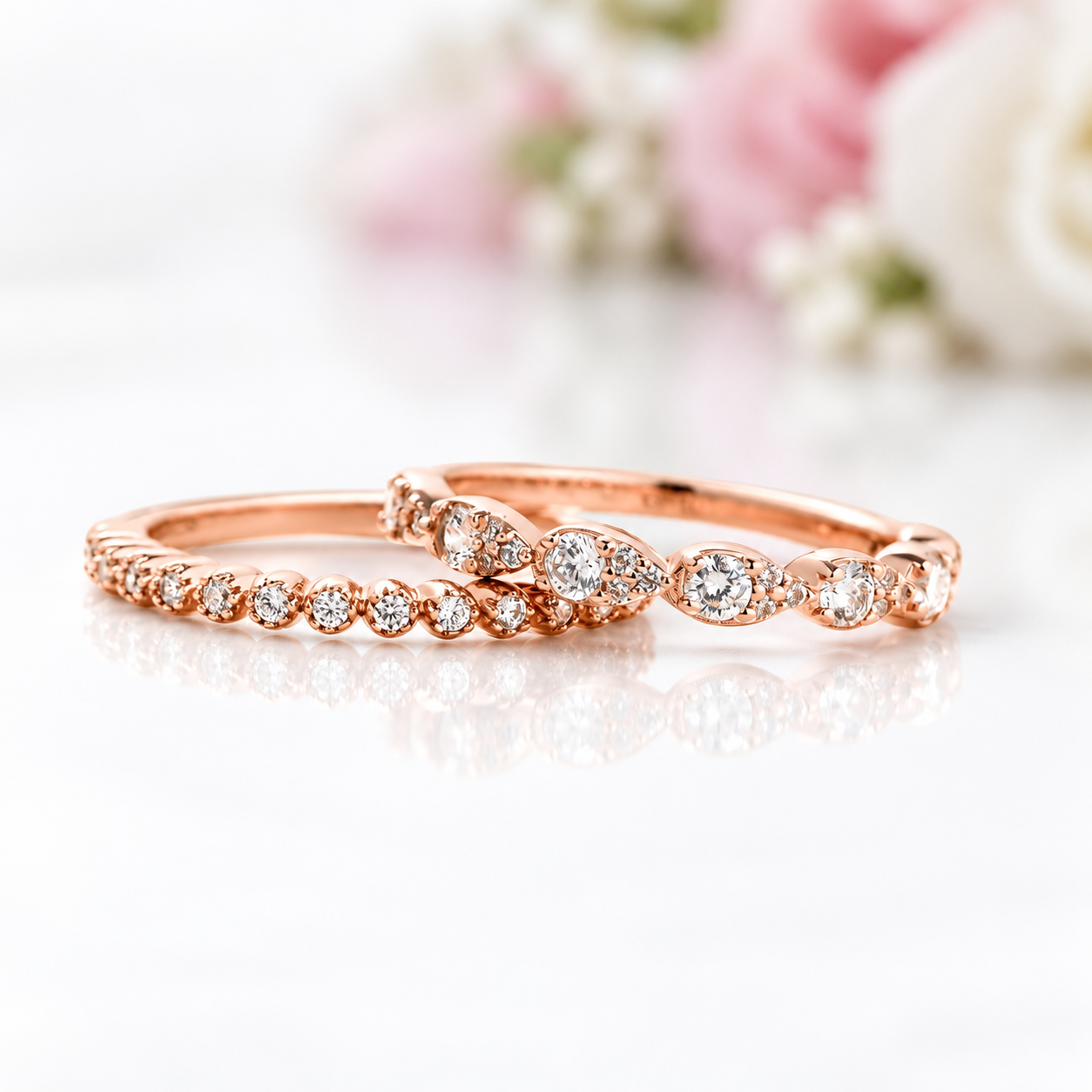 Rose Gold Halo Peachy Pink Simulated Morganite Pear Cut 3pc Ring Set-Black Diamonds New York