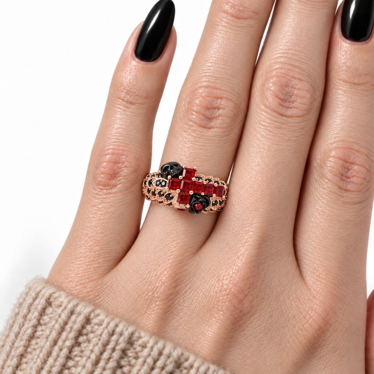 You're My Life- 14K Gold Skull, Cross Black Rose Diamond Option Gothic Promise Ring-Black Diamonds New York