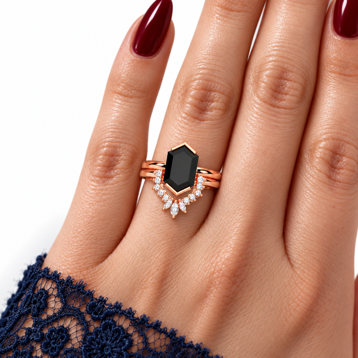 Sincerity - Hexagon Cut Diamond Option 14k Rose Gold Wedding Ring-Black Diamonds New York