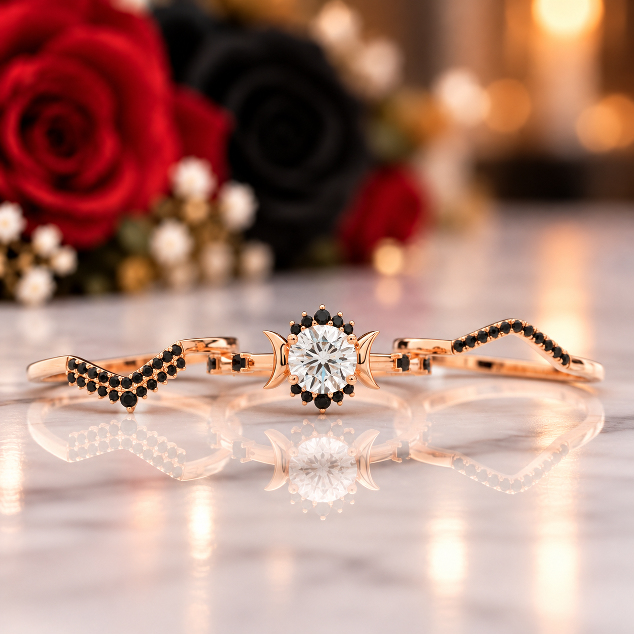 Full Moon- Radiant Celestial Moon Round Diamond Option Gothic Engagement Ring-Black Diamonds New York
