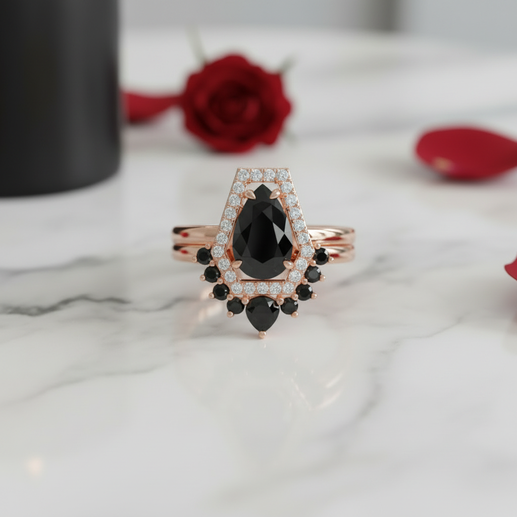 Faithfulness-1ct Black Pear Cut Diamond 14k White Gold Coffin Ring Set-Black Diamonds New York