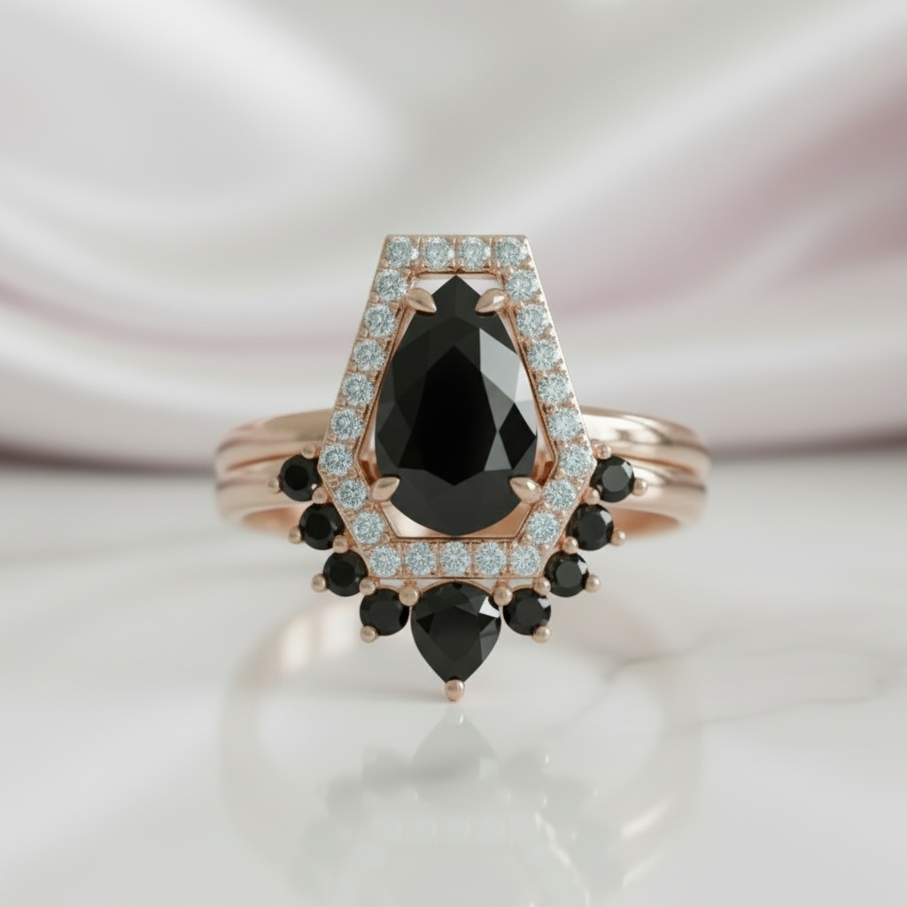 Faithfulness-1ct Black Pear Cut Diamond 14k White Gold Coffin Ring Set-Black Diamonds New York
