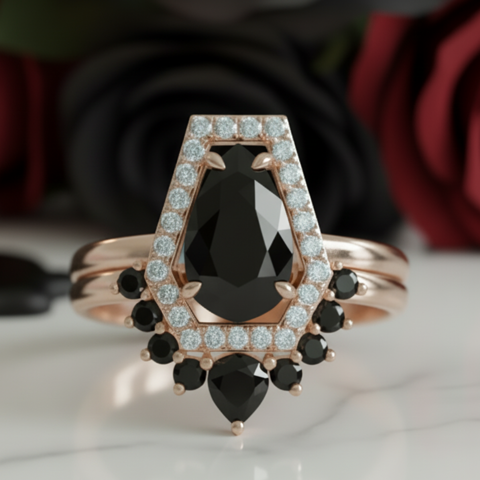 Faithfulness-1ct Black Pear Cut Diamond Option 14k White Gold Coffin Ring Set-Black Diamonds New York