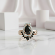 Faithfulness-1ct Black Pear Cut Diamond 14k White Gold Coffin Ring Set-Black Diamonds New York