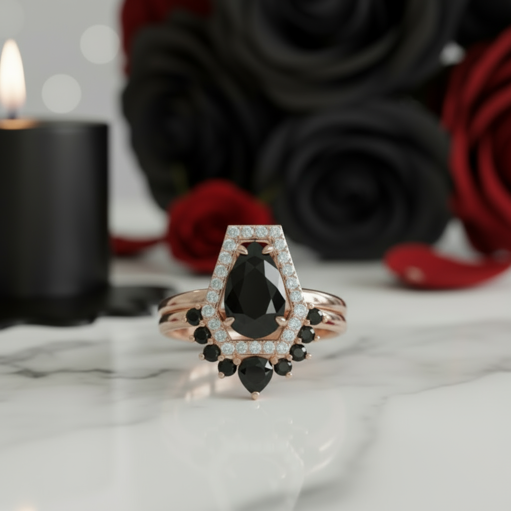 Faithfulness-1ct Black Pear Cut Diamond 14k White Gold Coffin Ring Set-Black Diamonds New York