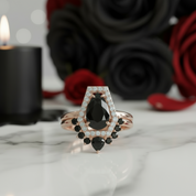 Faithfulness-1ct Black Pear Cut Diamond 14k White Gold Coffin Ring Set-Black Diamonds New York