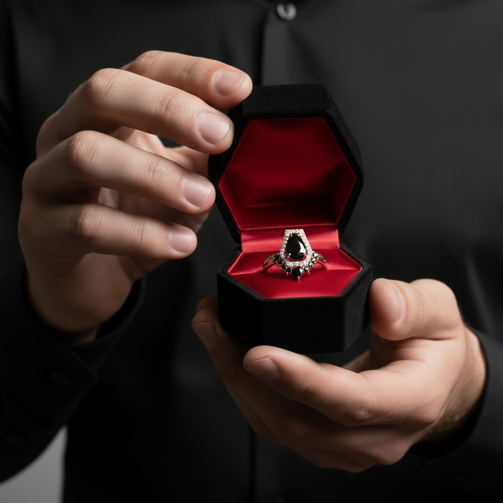 Faithfulness-1ct Black Pear Cut Diamond 14k White Gold Coffin Ring Set-Black Diamonds New York