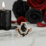 Faithfulness-1ct Black Pear Cut Diamond 14k White Gold Coffin Ring Set-Black Diamonds New York