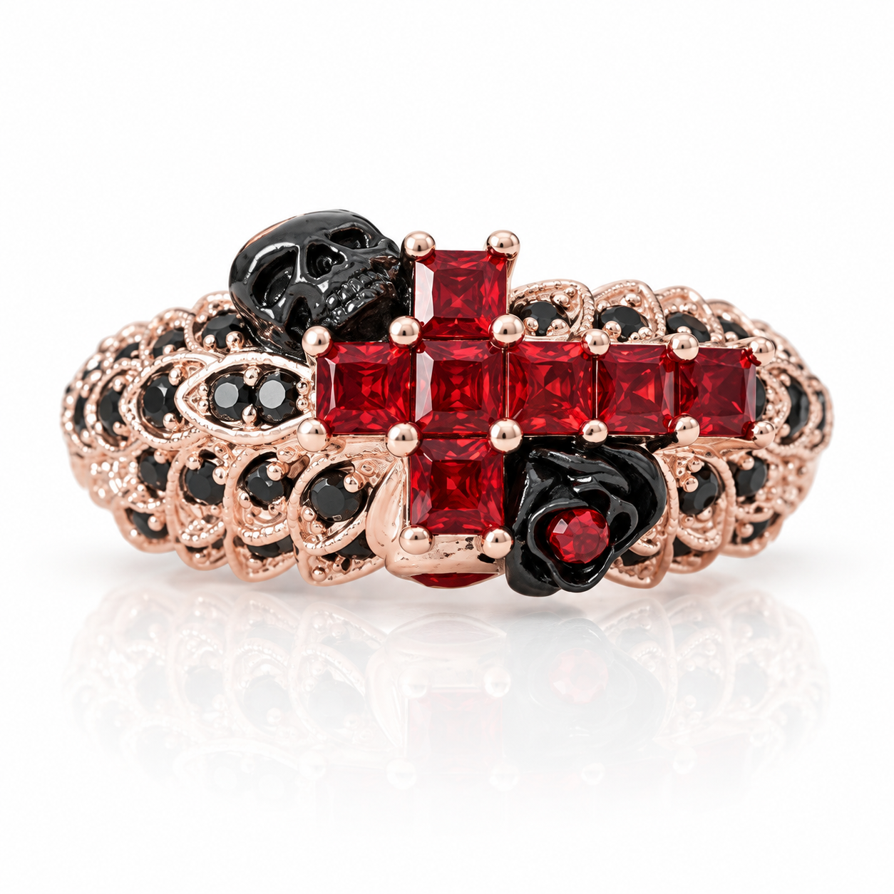 You're My Life- 14K Gold Skull, Cross Black Rose Diamond Option Gothic Promise Ring-Black Diamonds New York