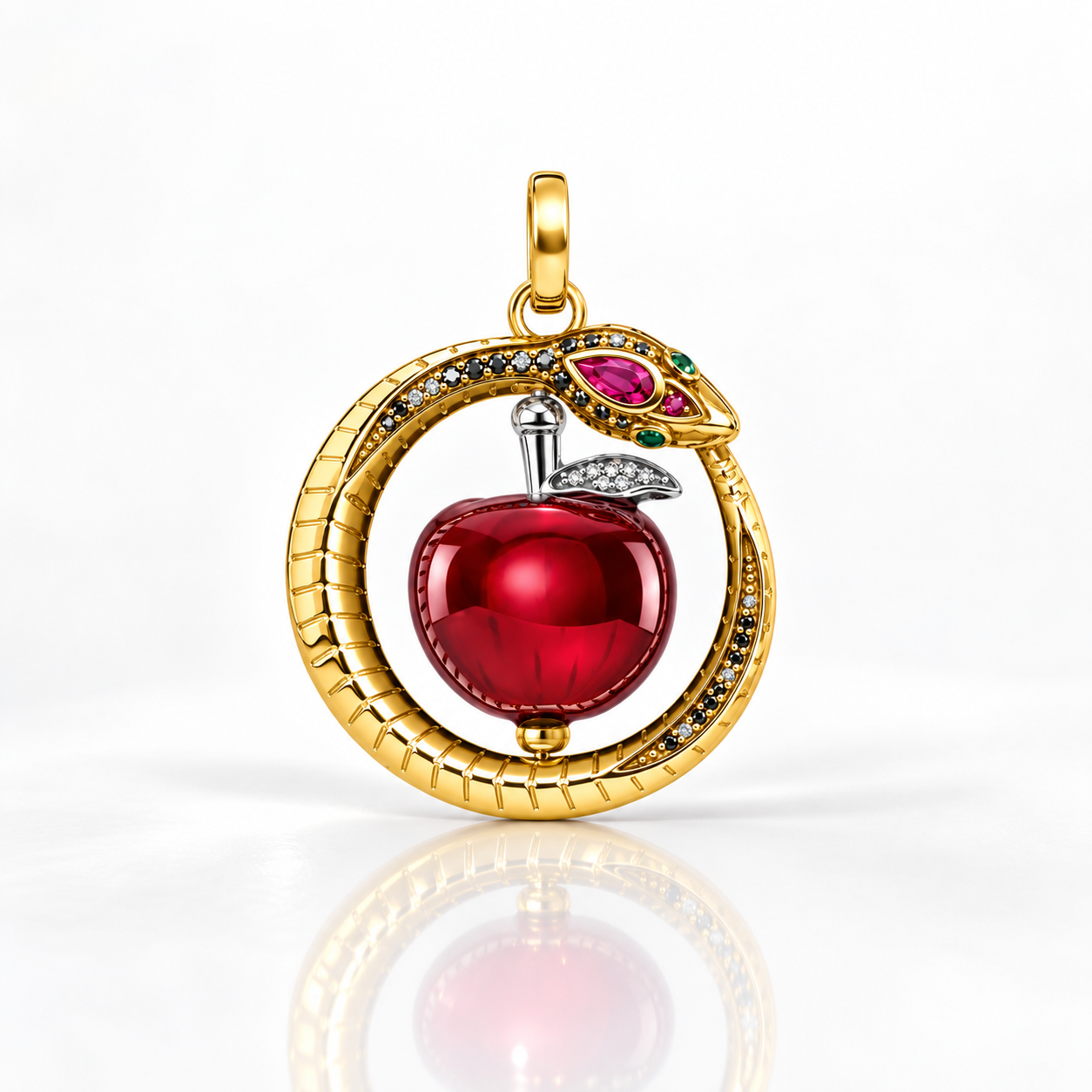Rotating Red Apple with Golden Snake Pendant-Black Diamonds New York
