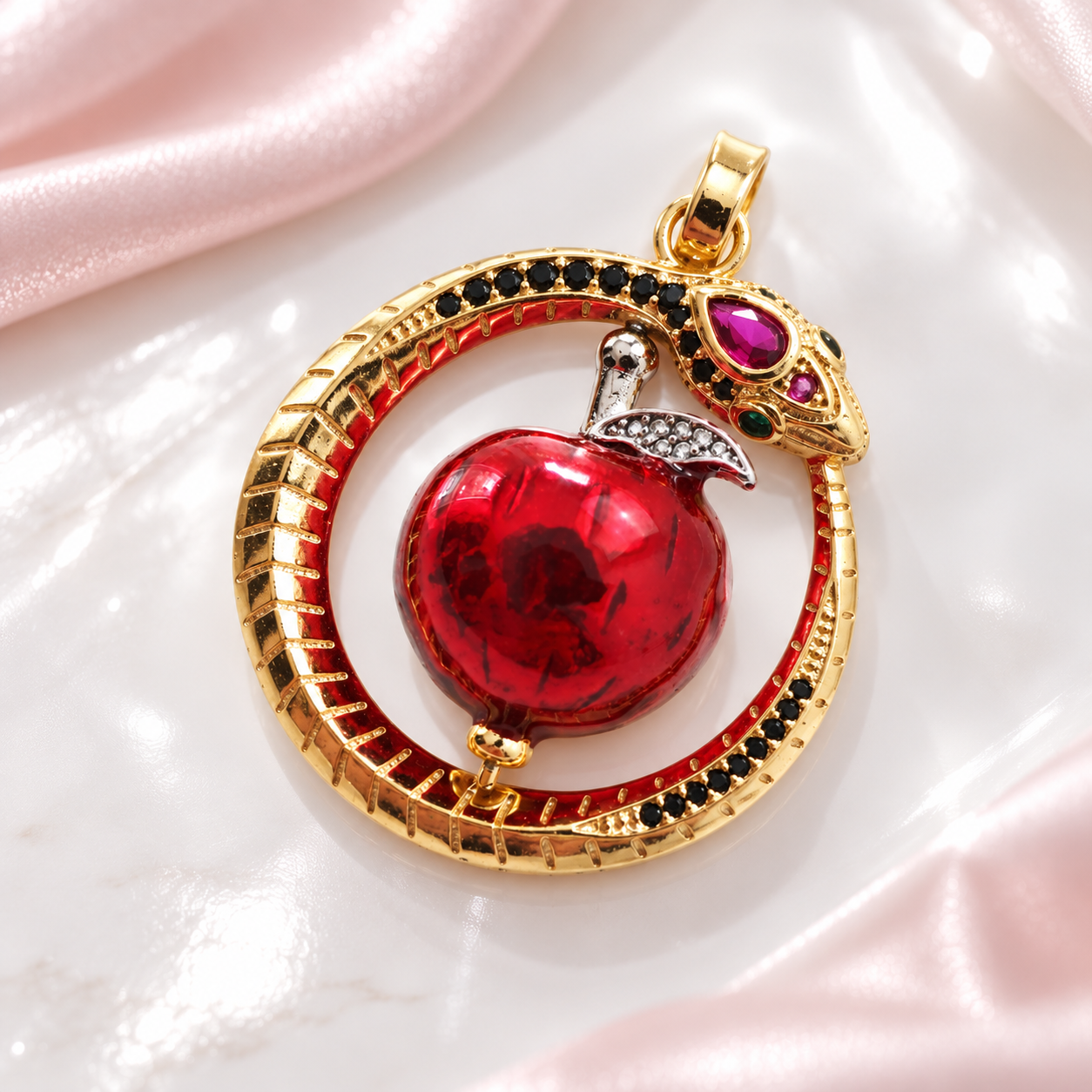 Rotating Red Apple with Golden Snake Pendant-Black Diamonds New York