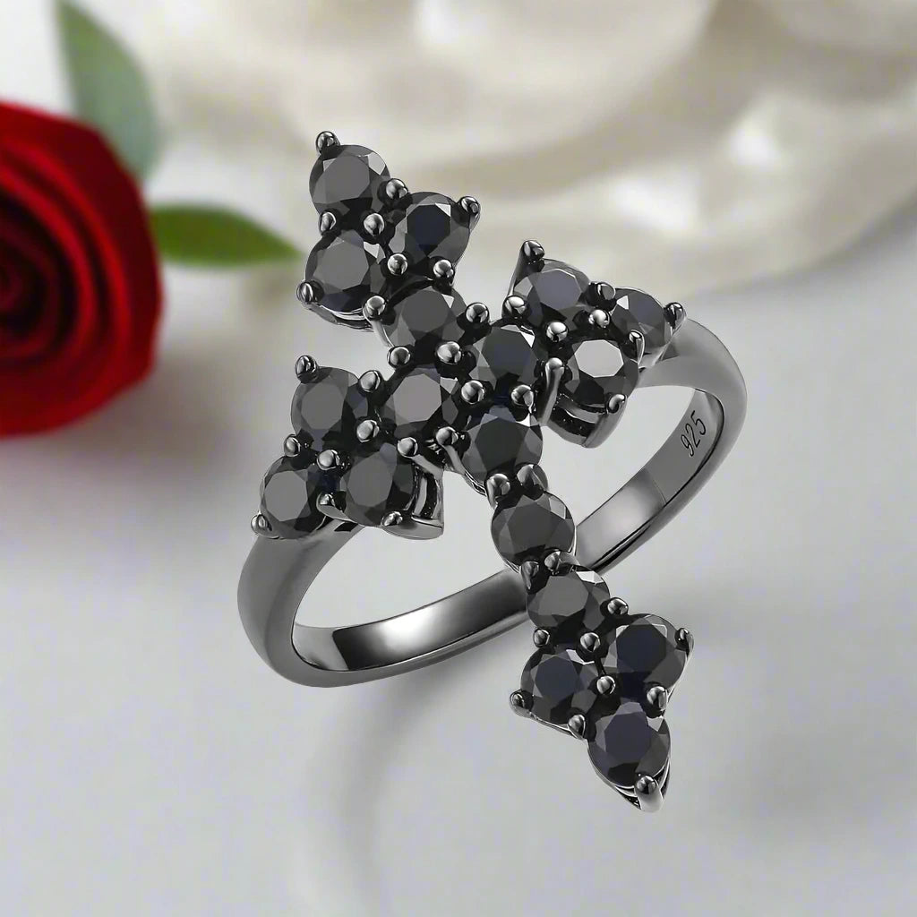 Round-cut Black Spinel Gothic Cross Ring-Black Diamonds New York