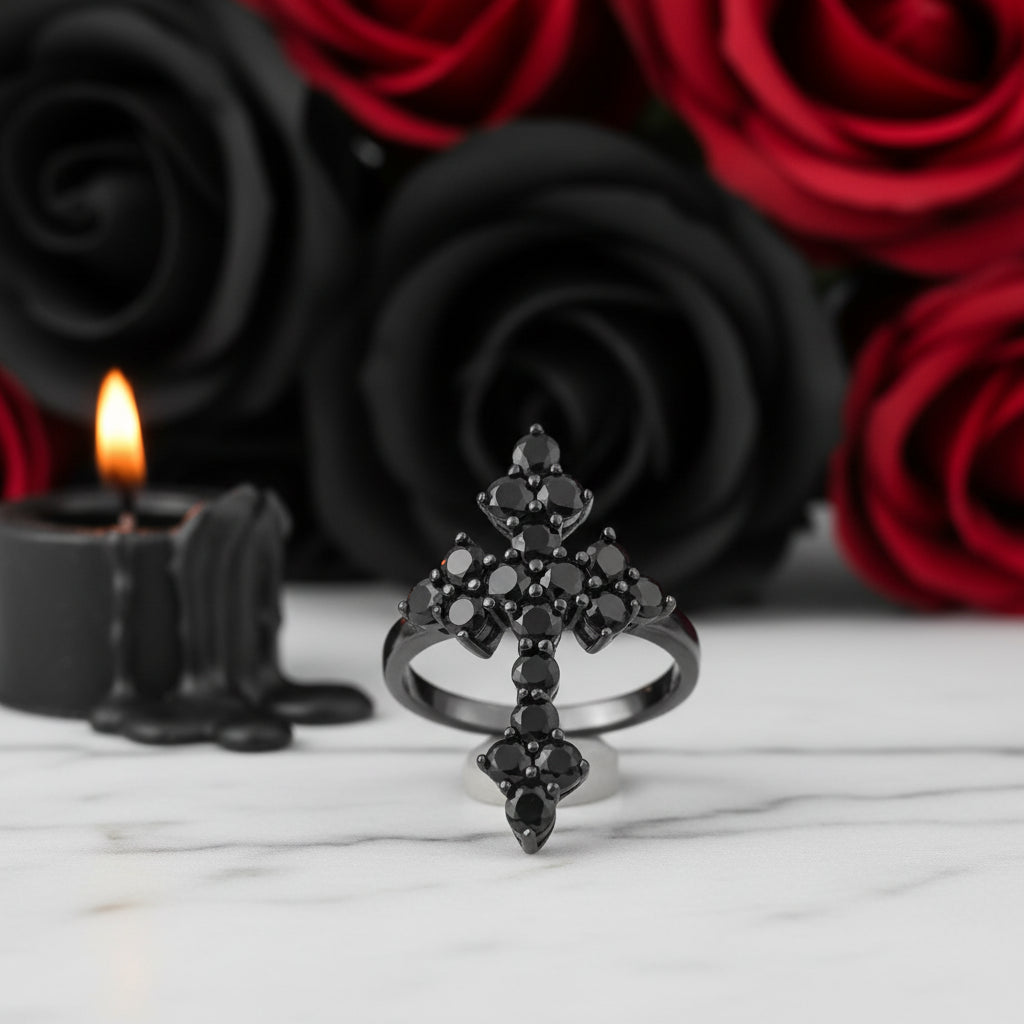 Round-cut Black Spinel Gothic Cross Ring-Black Diamonds New York