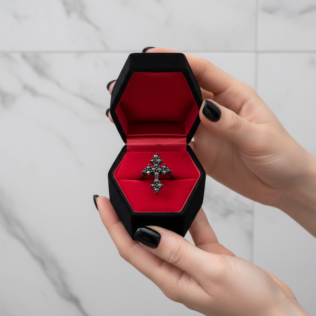 Round-cut Black Spinel Gothic Cross Ring-Black Diamonds New York
