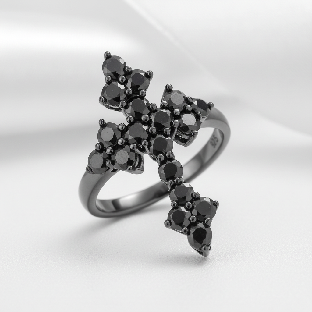 Round-cut Black Spinel Gothic Cross Ring-Black Diamonds New York