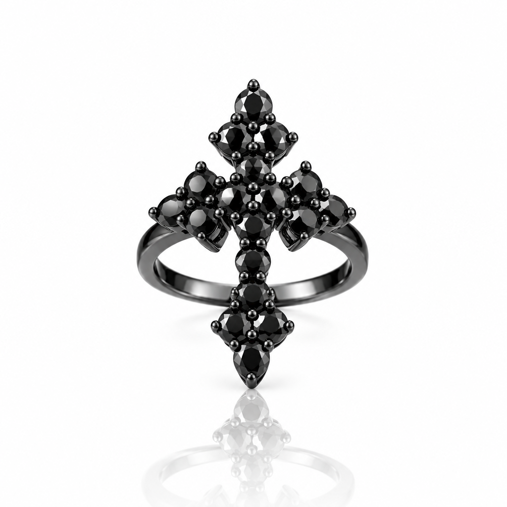 Round-cut Black Spinel Gothic Cross Ring-Black Diamonds New York