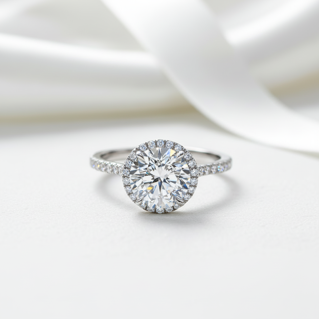 Round-cut Diamond Option Four Prong Halo Engagement Ring-Black Diamonds New York