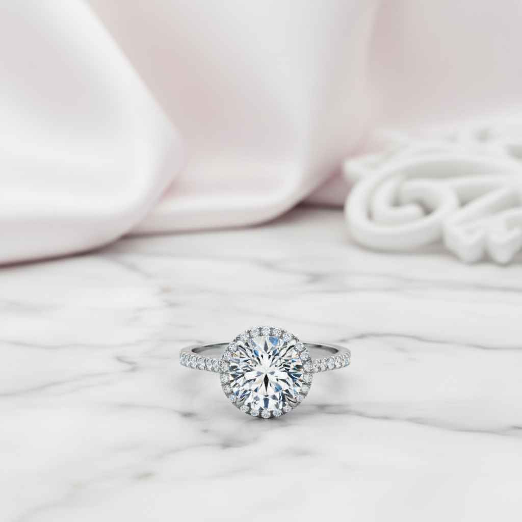 Round-cut Diamond Option Four Prong Halo Engagement Ring-Black Diamonds New York