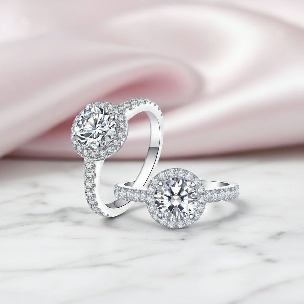 Round-cut Diamond Option Four Prong Halo Engagement Ring-Black Diamonds New York