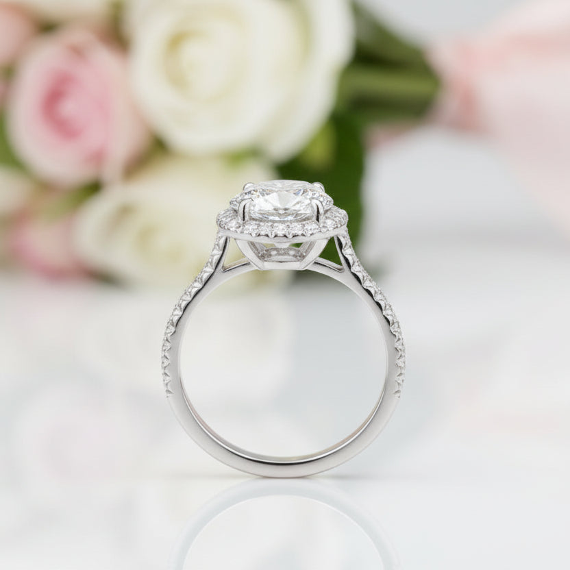 Round-cut Diamond Option Four Prong Halo Engagement Ring-Black Diamonds New York