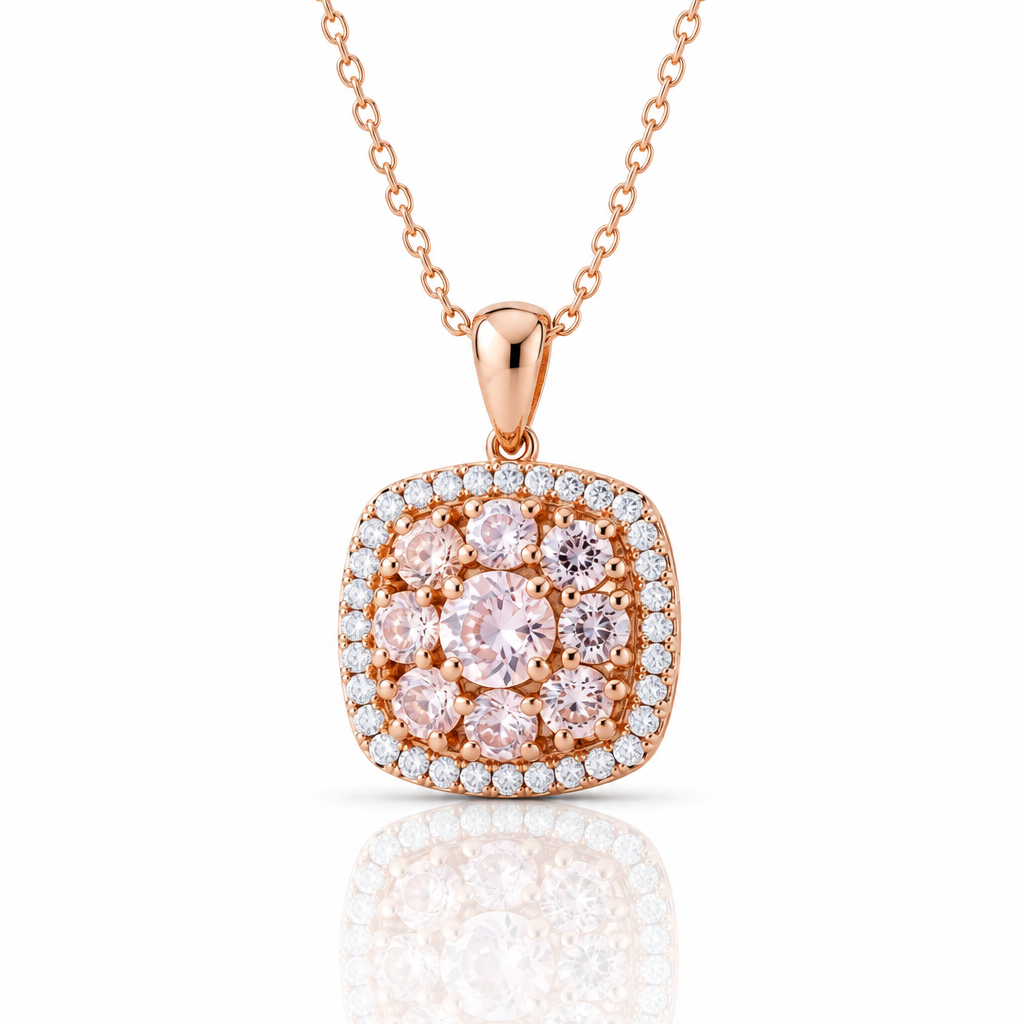 Round-cut Morganite Halo Rose Gold Necklace-Black Diamonds New York