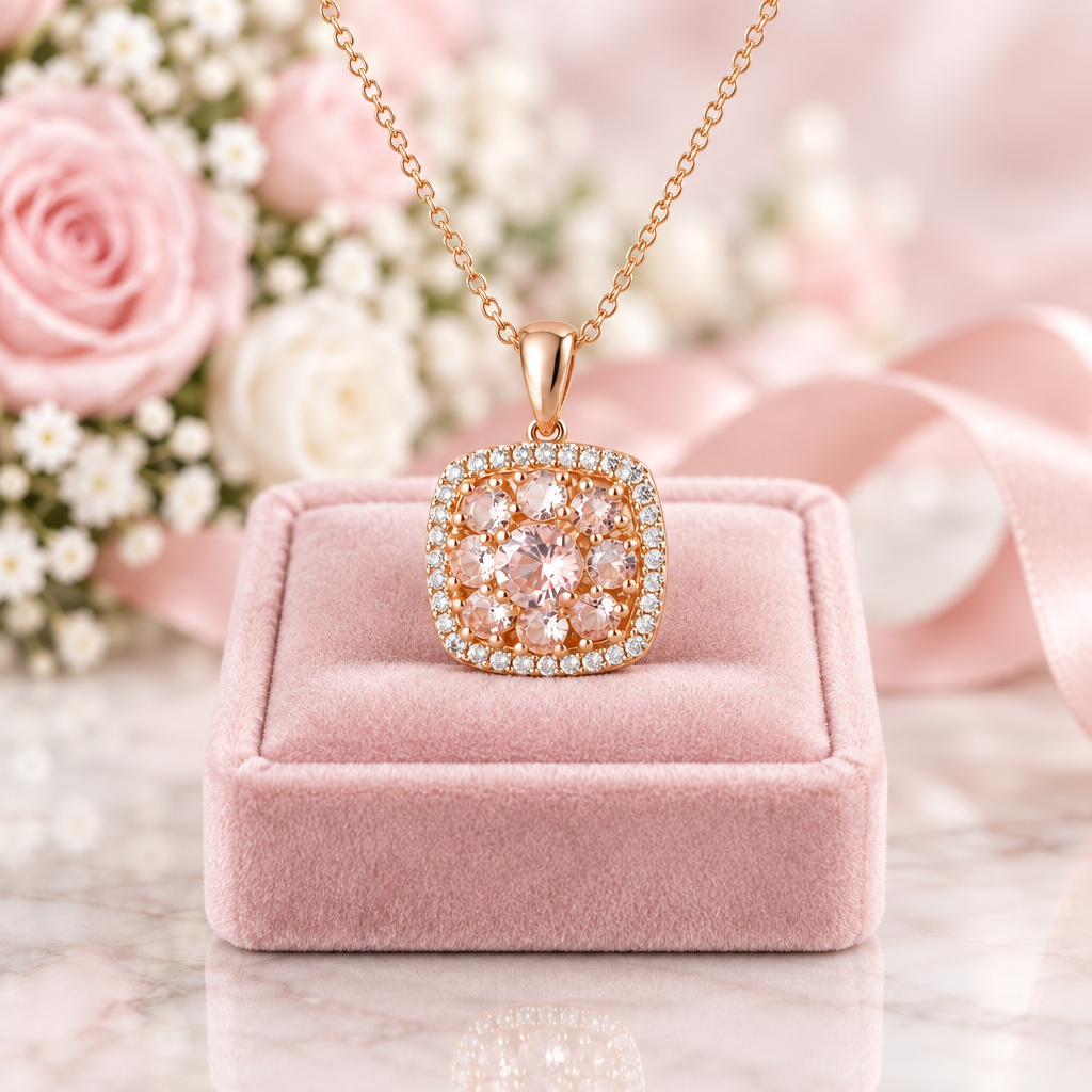 Round-cut Morganite Halo Rose Gold Necklace-Black Diamonds New York