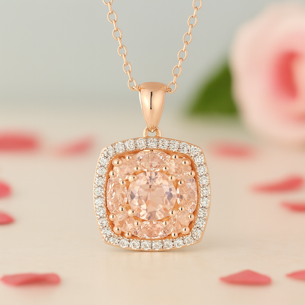 Round-cut Morganite Halo Rose Gold Necklace-Black Diamonds New York